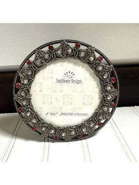 Sunflower Designs 4x4 Round Rhinestone Standing Picture Photo Frame Bling NWOB